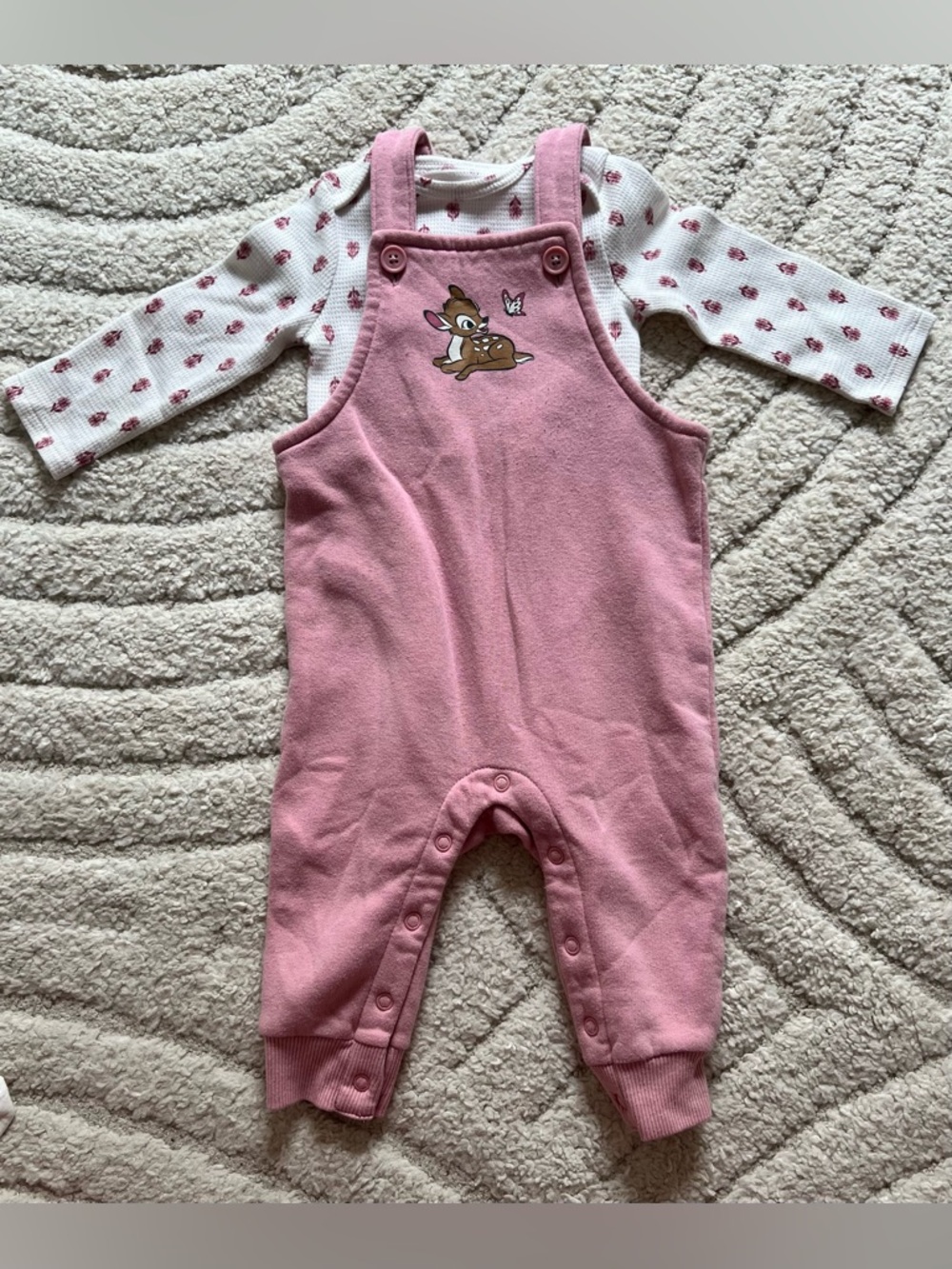 Disney 6-9 Month Pink Bambi Overalls with Floral Shirt Set